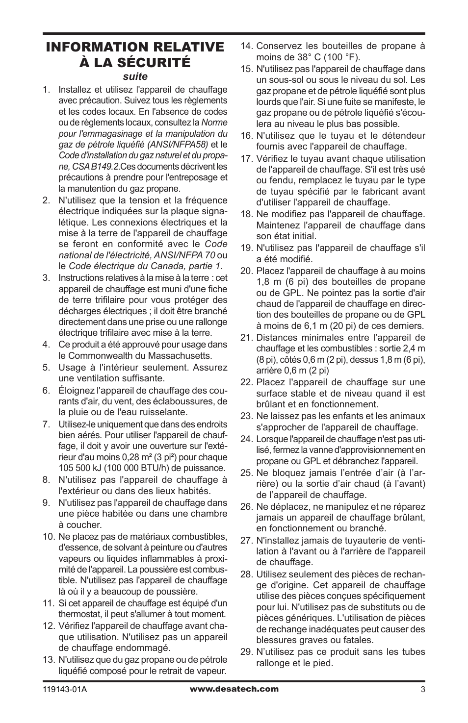 Information relative à la sécurité | Desa TB111 User Manual | Page 39 / 56