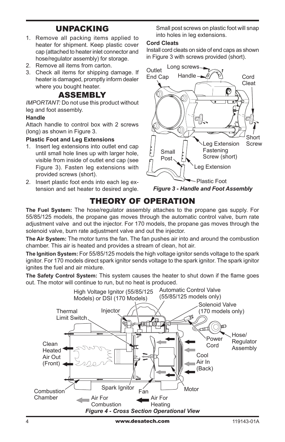 Unpacking, Assembly, Theory of operation | Desa TB111 User Manual | Page 4 / 56