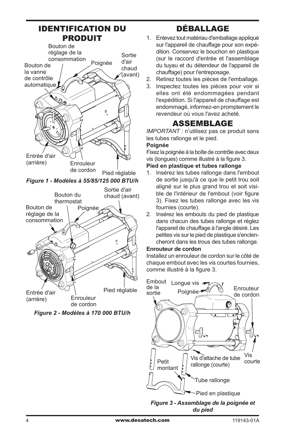 Identification du produit, Déballage, Assemblage | Desa TB111 User Manual | Page 40 / 56