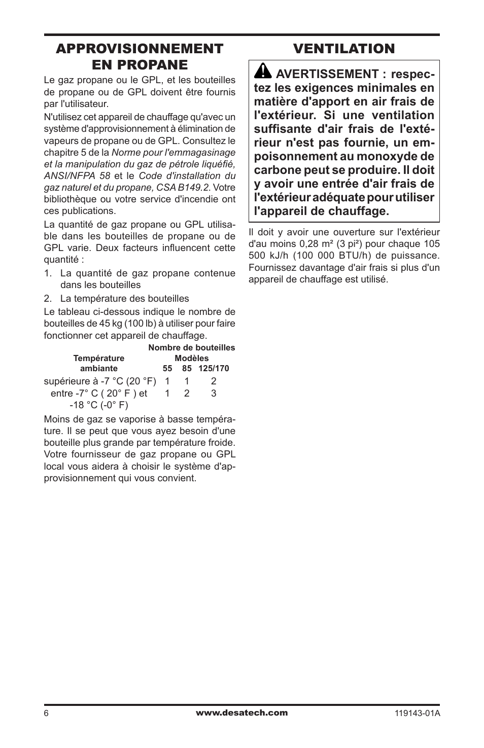 Approvisionnement en propane, Ventilation | Desa TB111 User Manual | Page 42 / 56