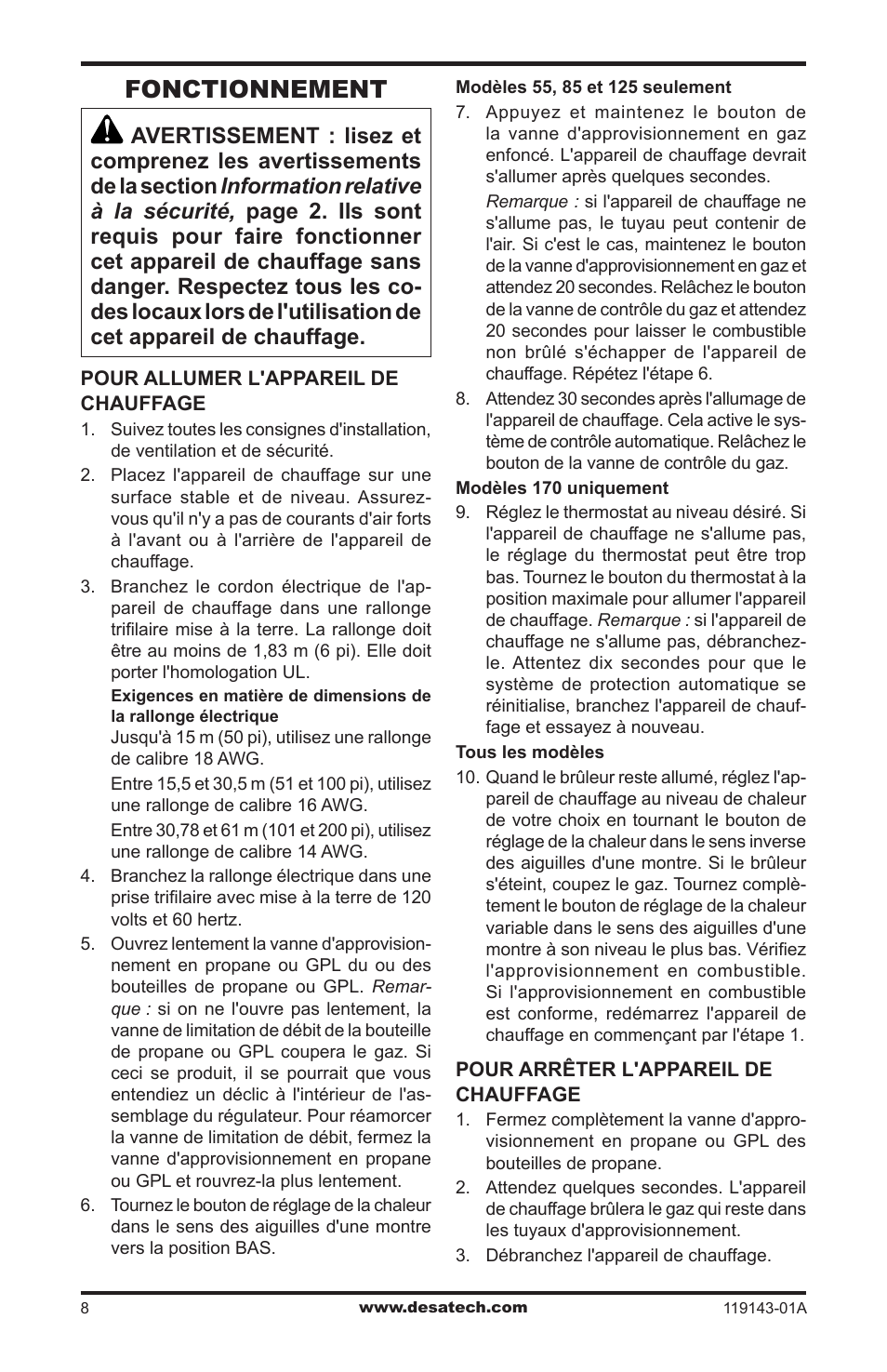 Fonctionnement | Desa TB111 User Manual | Page 44 / 56