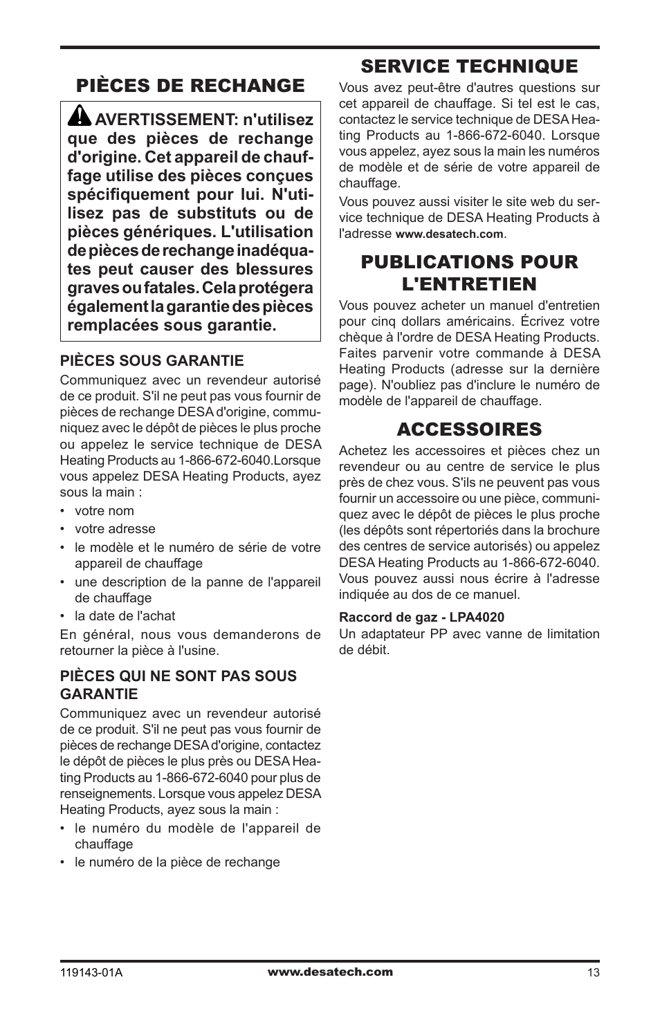 Pièces de rechange, Service technique, Publications pour le service | Accessoires, Publications pour l'entretien | Desa TB111 User Manual | Page 49 / 56