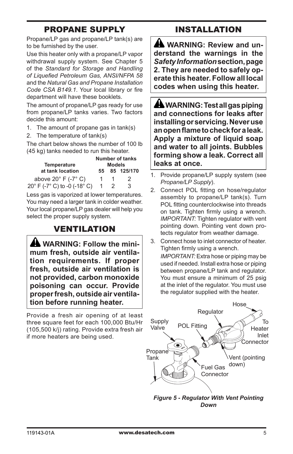 Propane supply, Ventilation, Installation | Desa TB111 User Manual | Page 5 / 56