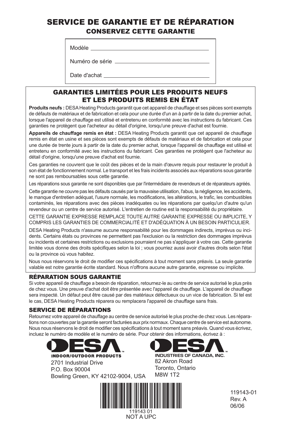 Service de garantie et de réparation | Desa TB111 User Manual | Page 56 / 56