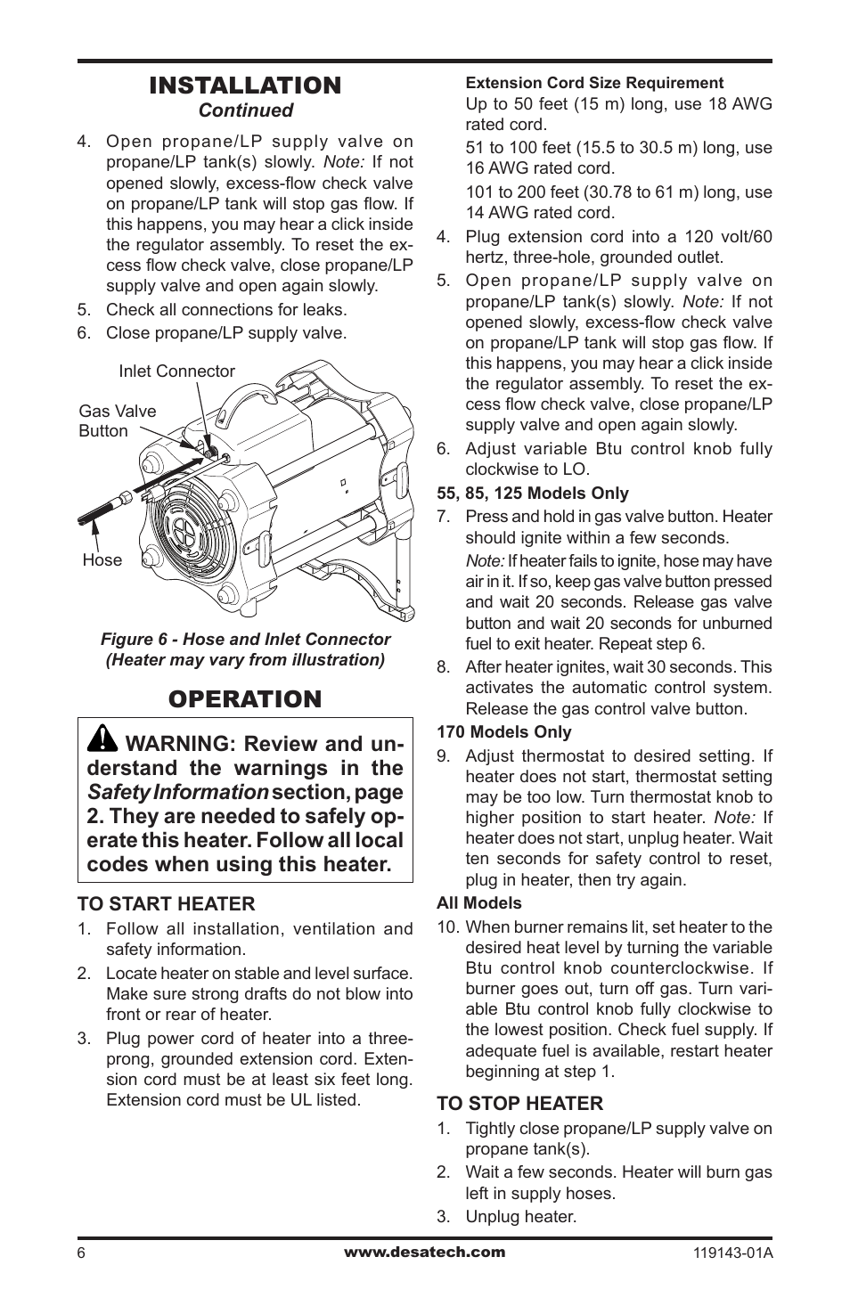 Operation, Installation | Desa TB111 User Manual | Page 6 / 56