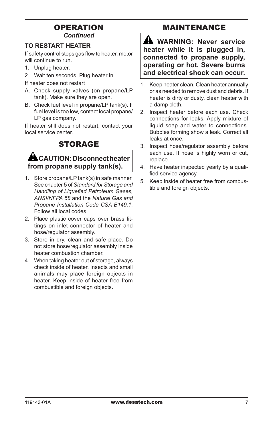 Storage, Maintenance, Operation | Desa TB111 User Manual | Page 7 / 56