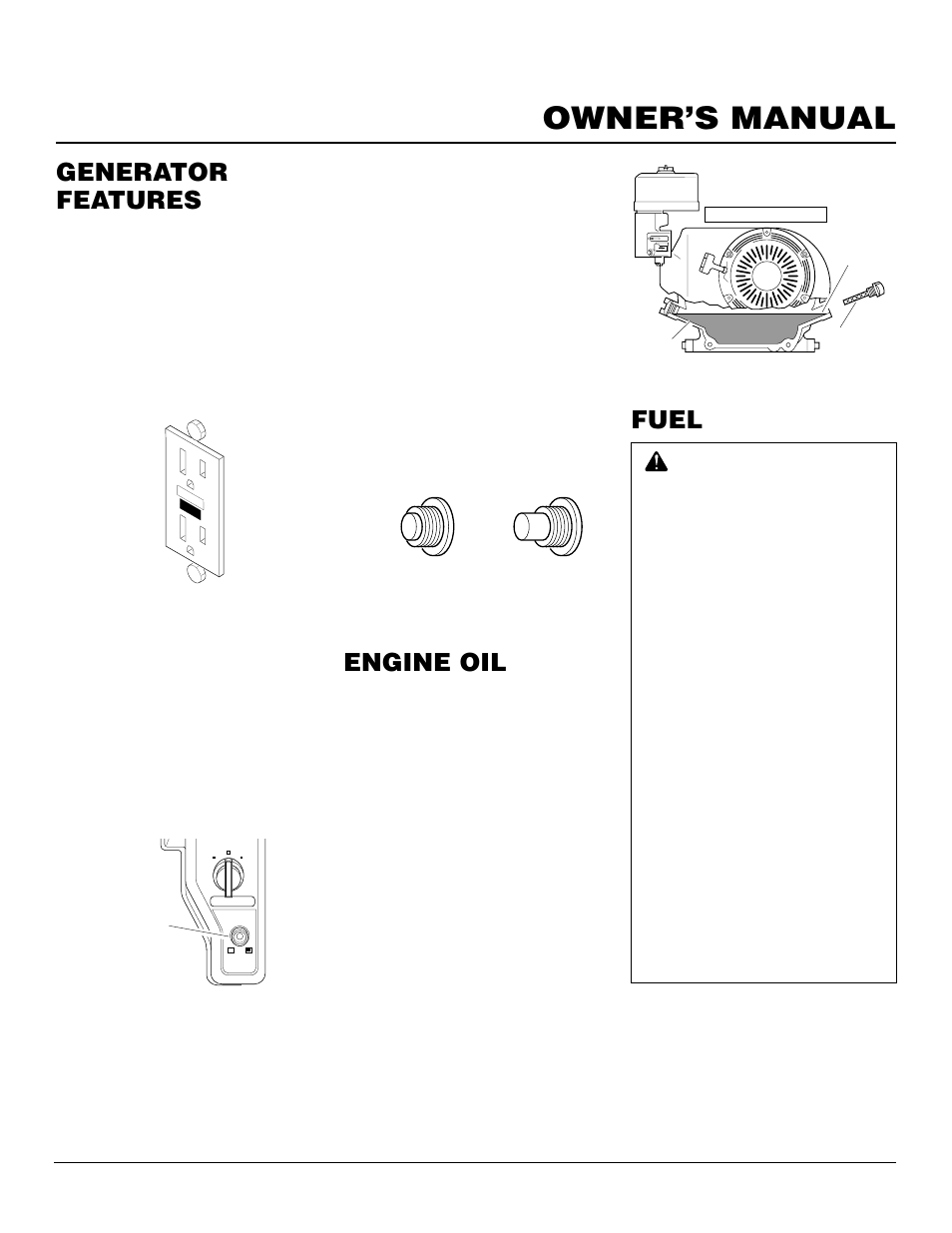 Owner’s manual, Engine oil, Generator features | Fuel, Continued | Desa Rgh3000pr User Manual | Page 7 / 32