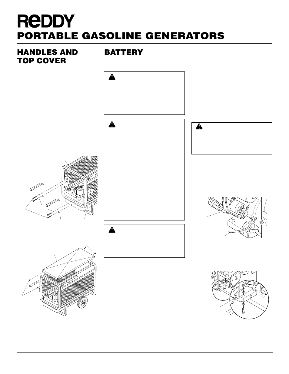 Portable gasoline generators, Handles and top cover, Battery | Desa Rgh3000pr User Manual | Page 8 / 32