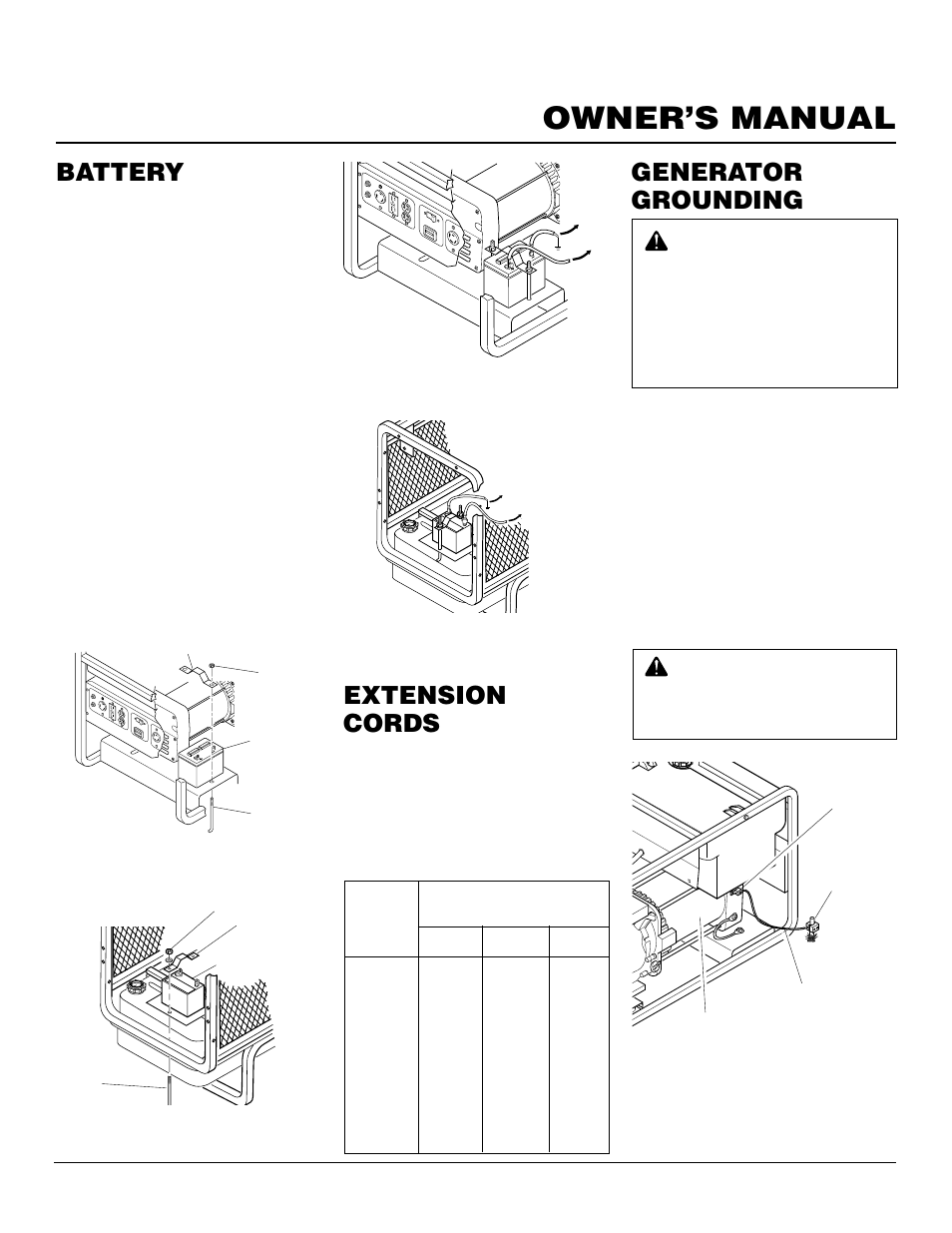 Owner’s manual, Battery, Extension cords | Generator grounding, Continued | Desa Rgh3000pr User Manual | Page 9 / 32
