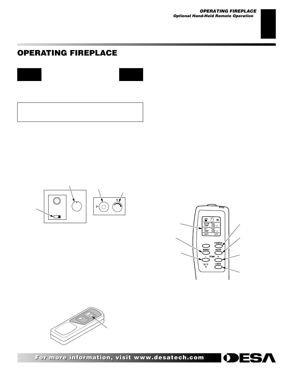 Operating fireplace, Continued, Optional hand-held remote operation | On/off series models ghrcb, Thermostat series models ghrctb, Manual mode, Auto (thermostatic) mode, Safety features | Desa (V)K42N SERIES User Manual | Page 25 / 40