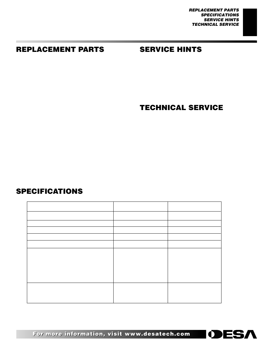 Specifications service hints, Technical service, Replacement parts | Desa (V)K42N SERIES User Manual | Page 31 / 40