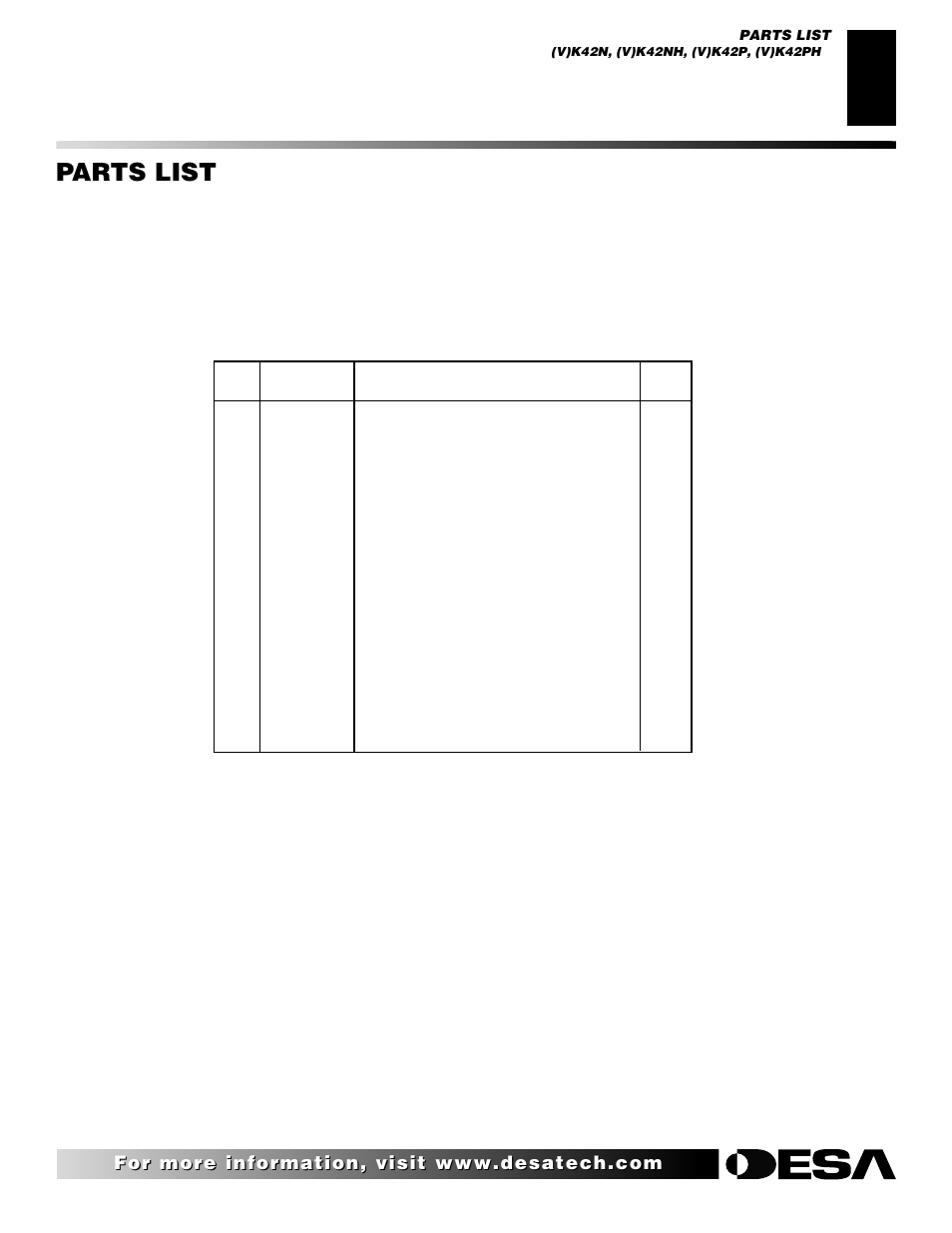 Parts list | Desa (V)K42N SERIES User Manual | Page 35 / 40