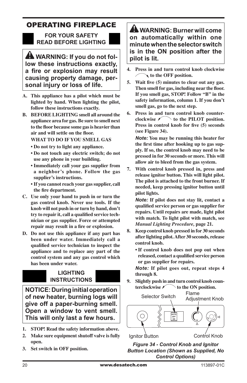 Operating fireplace | Desa CF26PRA User Manual | Page 20 / 36