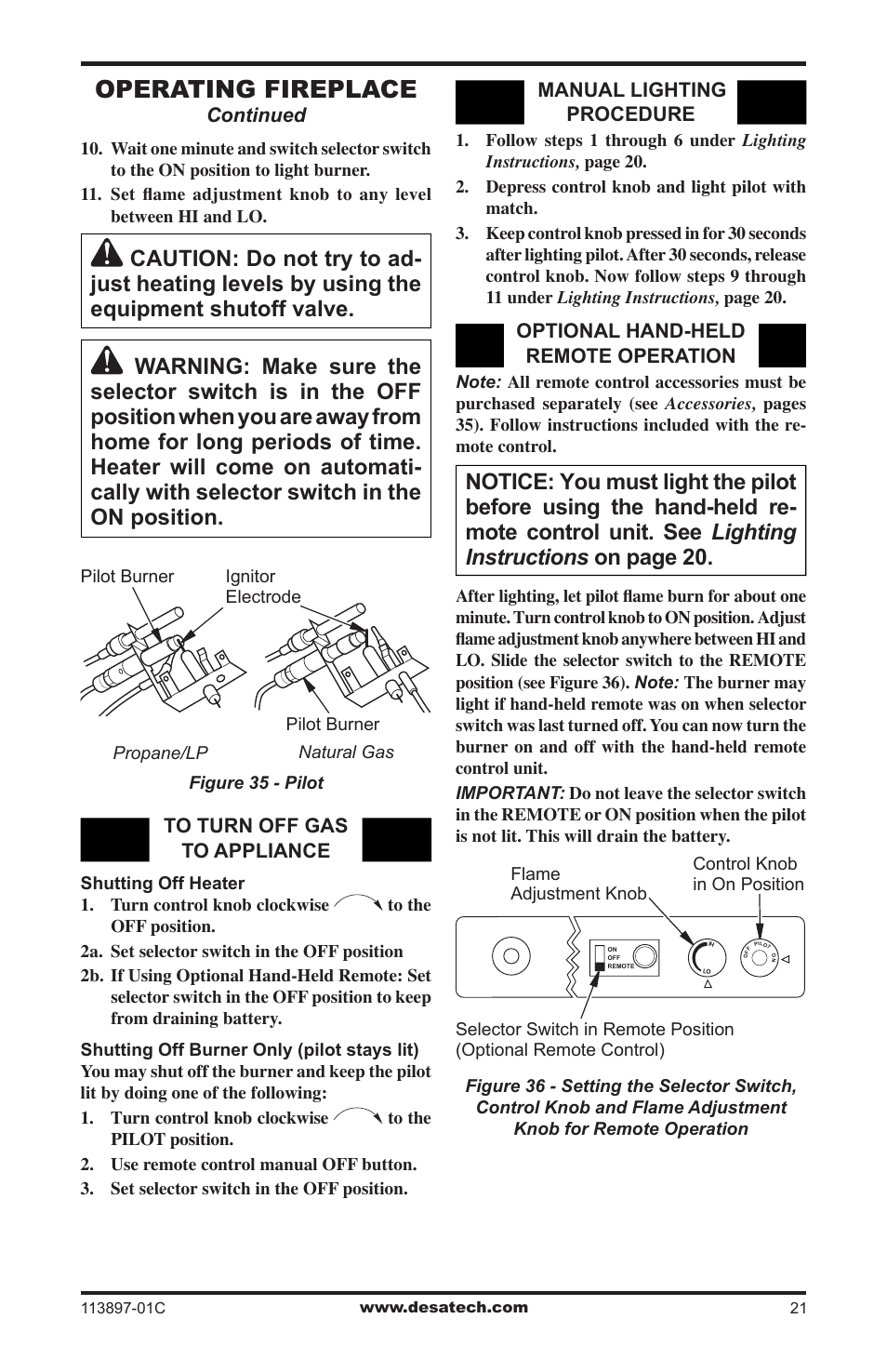 Operating fireplace | Desa CF26PRA User Manual | Page 21 / 36