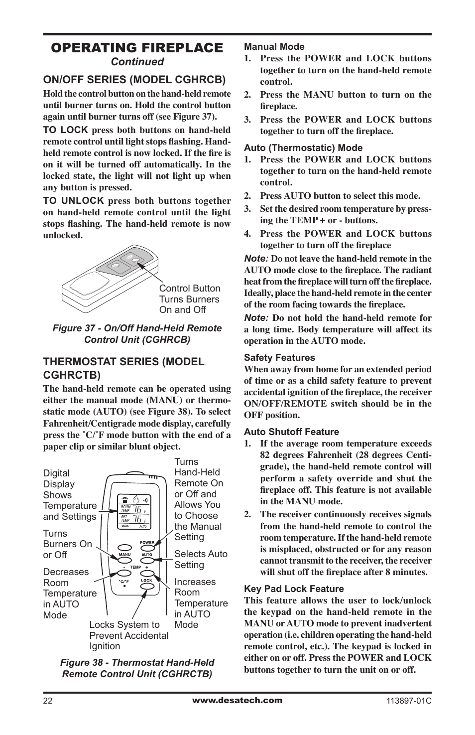 Operating fireplace | Desa CF26PRA User Manual | Page 22 / 36