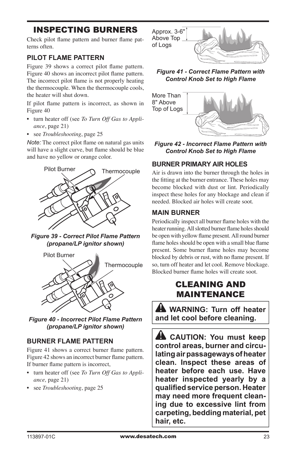 Inspecting burners, Cleaning and maintenance | Desa CF26PRA User Manual | Page 23 / 36