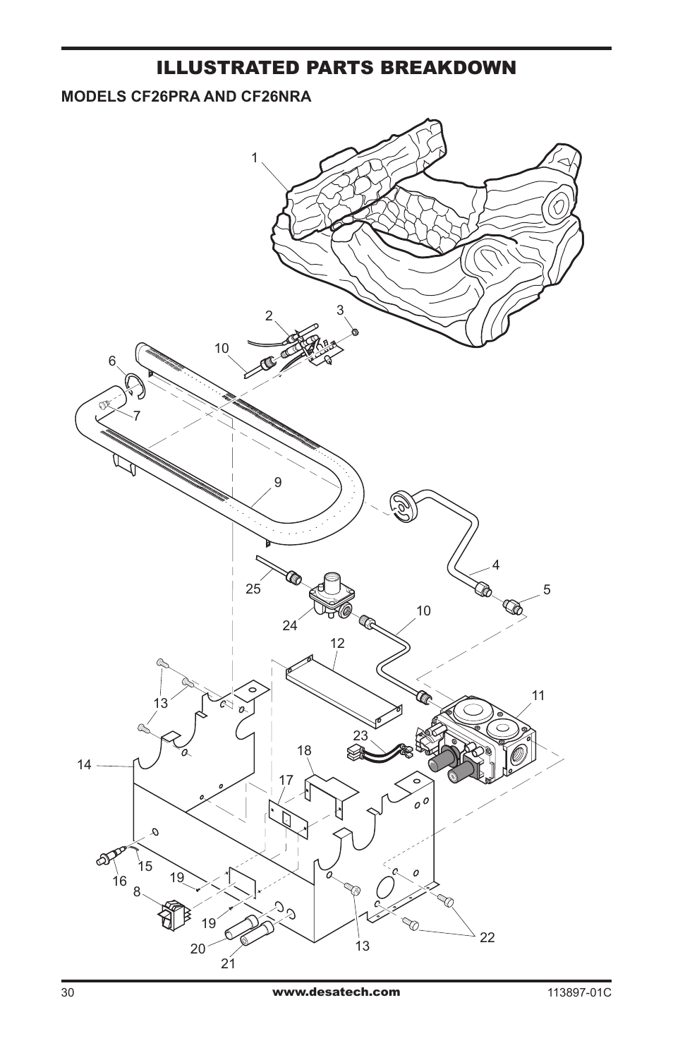 Illustrated parts breakdown and parts list, Illustrated parts breakdown, Models cf26pra and cf26nra | Desa CF26PRA User Manual | Page 30 / 36