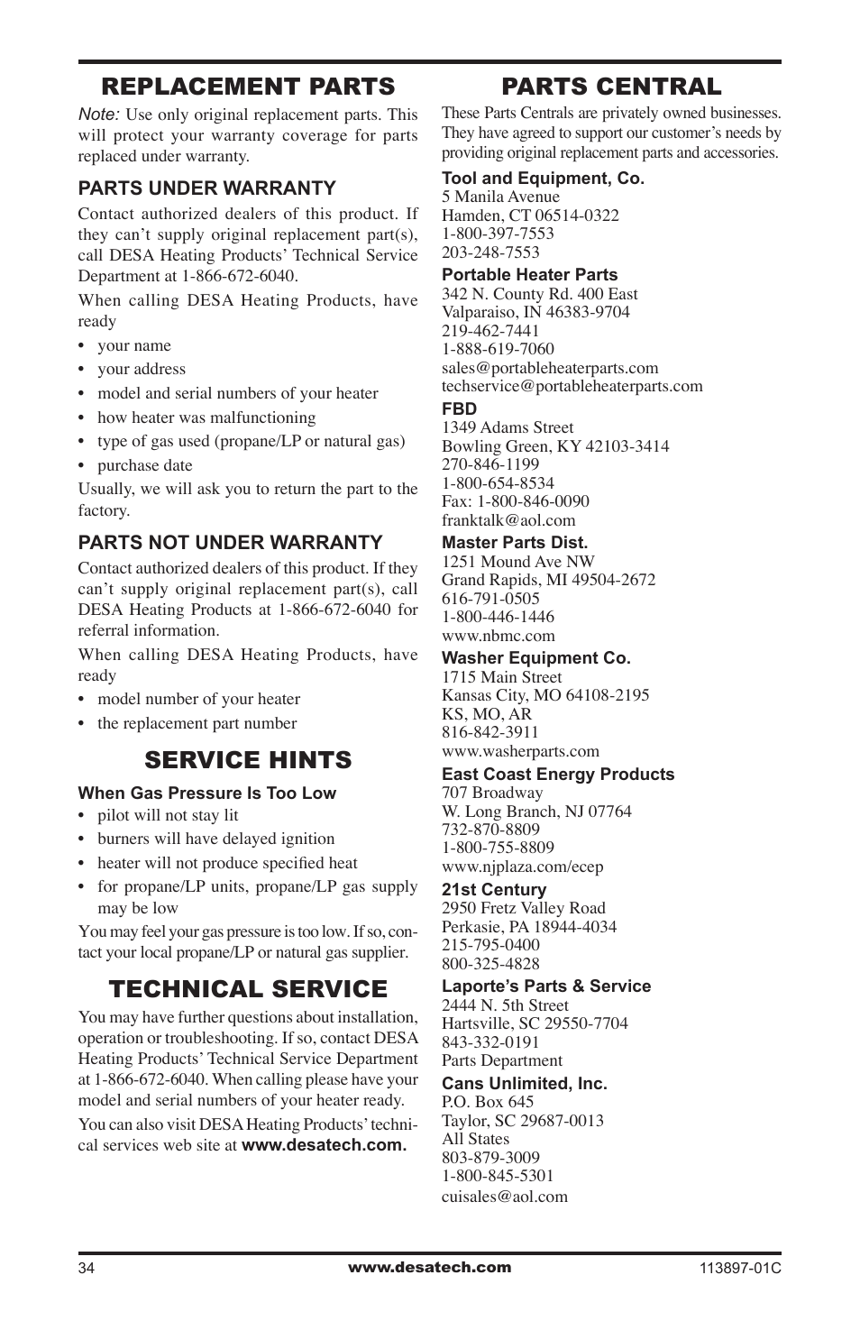 Replacement parts, Service hints, Technical service | Parts central | Desa CF26PRA User Manual | Page 34 / 36