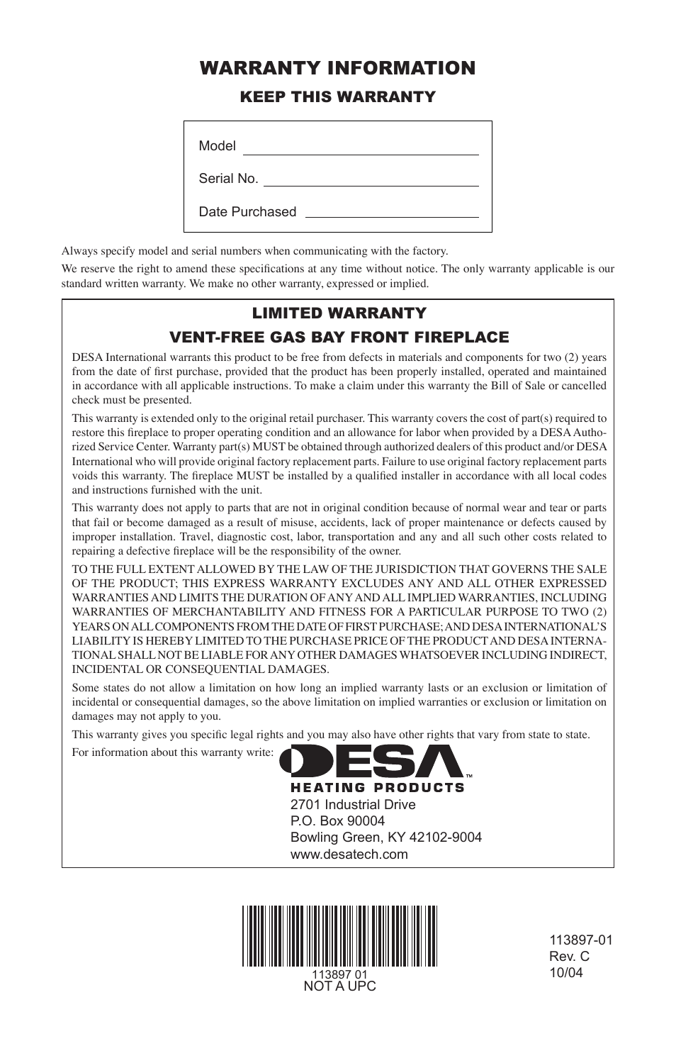 Warranty information, Limited warranty vent-free gas bay front fireplace, Keep this warranty | Desa CF26PRA User Manual | Page 36 / 36