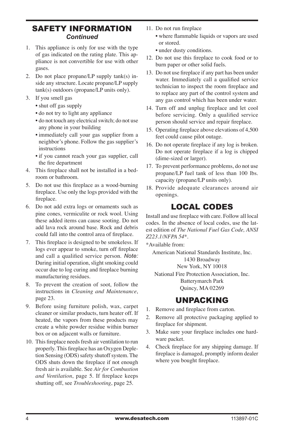 Local codes, Unpacking, Safety information | Desa CF26PRA User Manual | Page 4 / 36