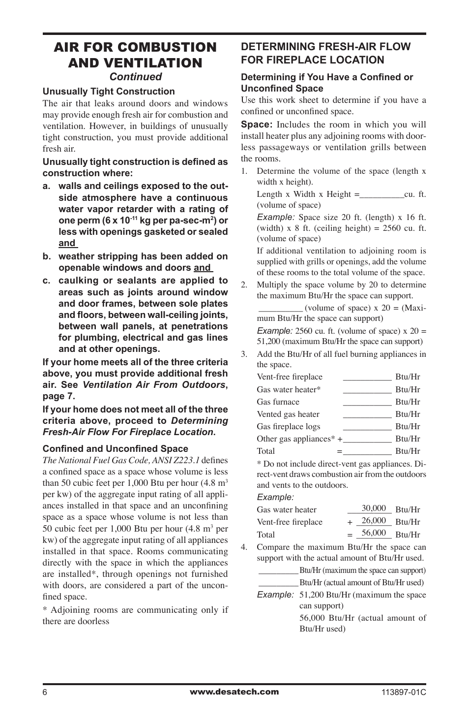 Air for combustion and ventilation | Desa CF26PRA User Manual | Page 6 / 36