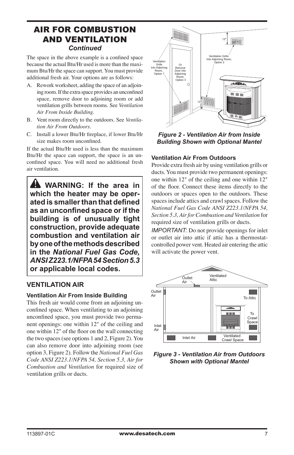 Air for combustion and ventilation, Ventilation air, Continued | Desa CF26PRA User Manual | Page 7 / 36