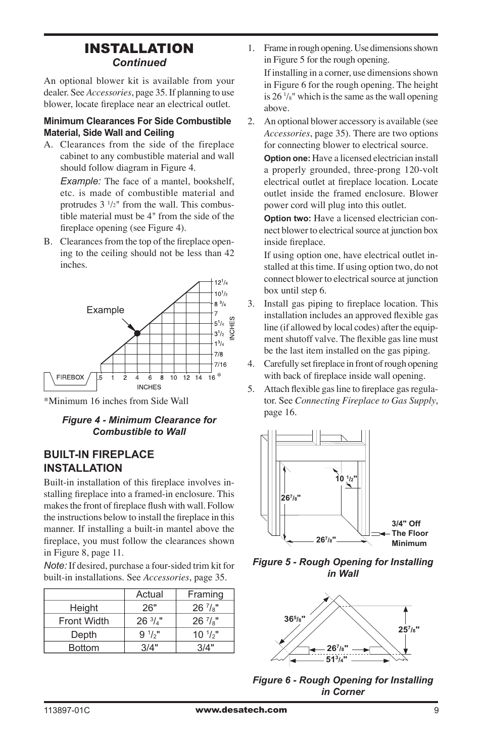Installation, Built-in fireplace installation, Continued | Desa CF26PRA User Manual | Page 9 / 36