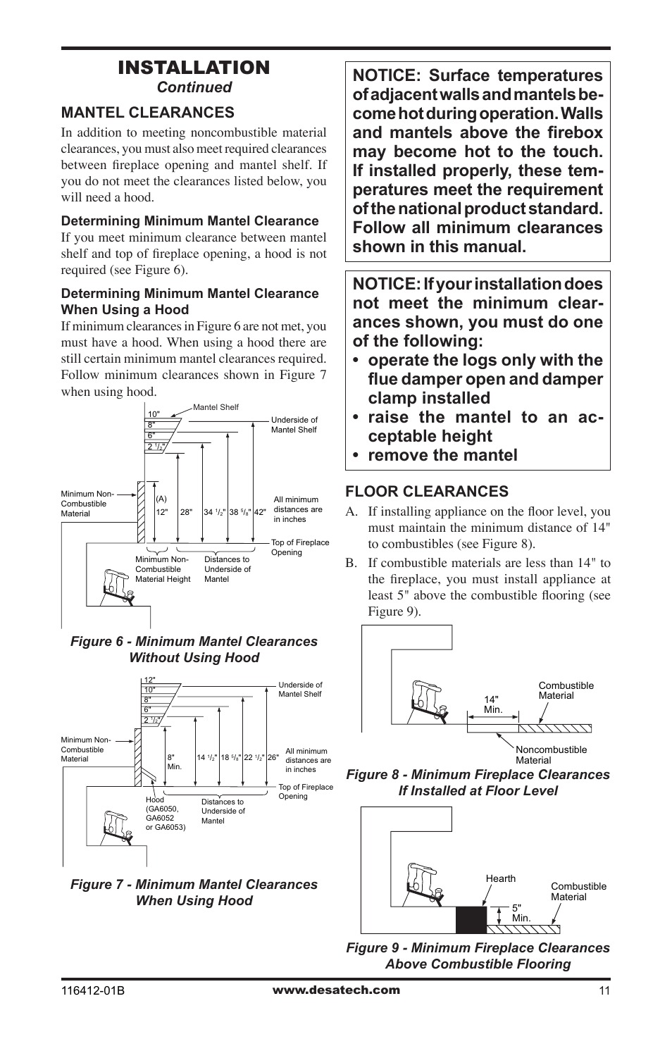 Installation, Mantel clearances, Continued | Floor clearances | Desa VFRMV18PB User Manual | Page 11 / 32
