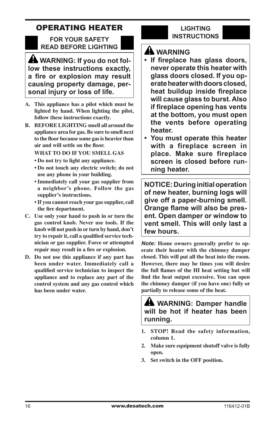 Operating heater | Desa VFRMV18PB User Manual | Page 16 / 32