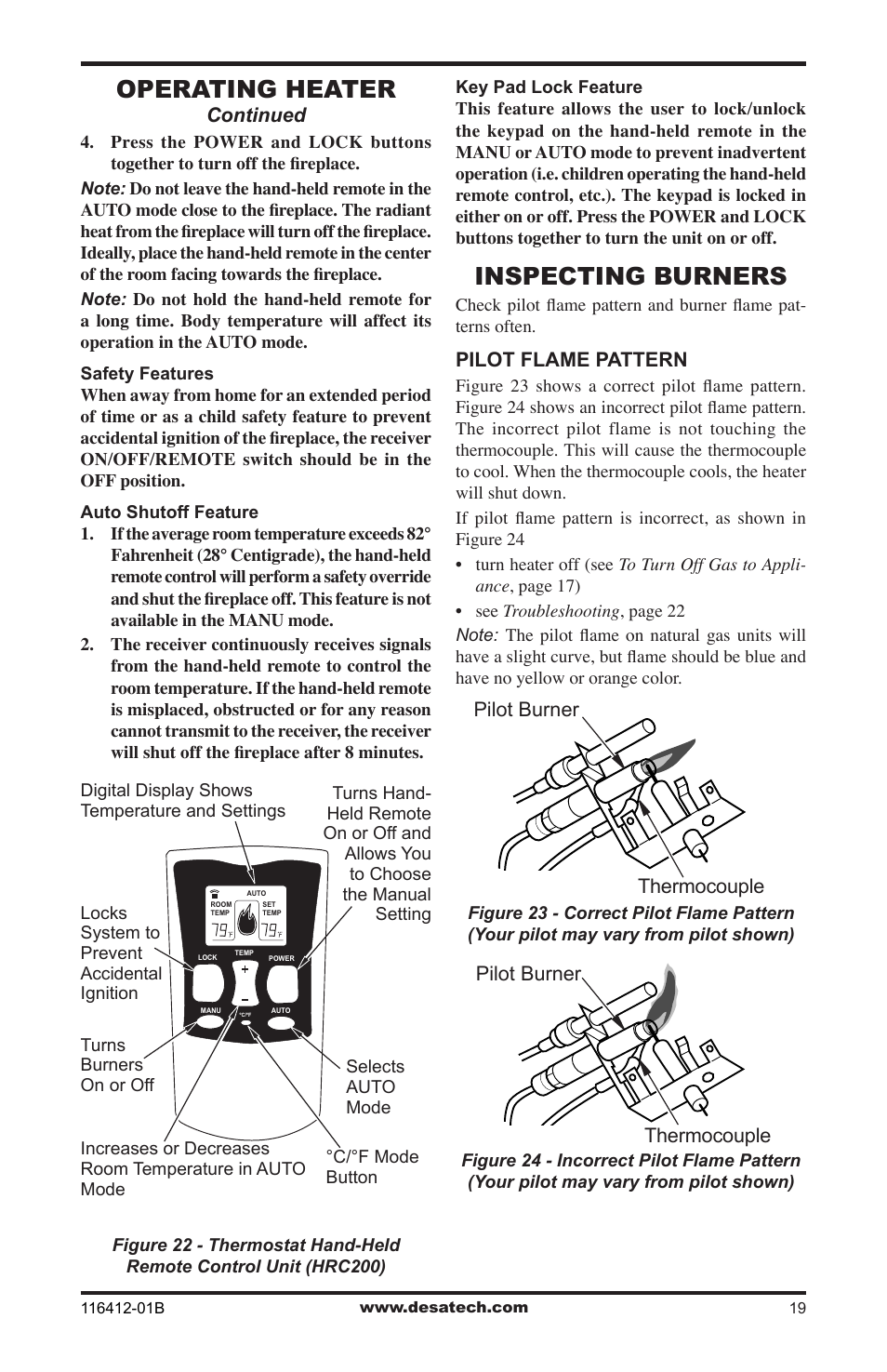 Inspecting burners, Operating heater | Desa VFRMV18PB User Manual | Page 19 / 32