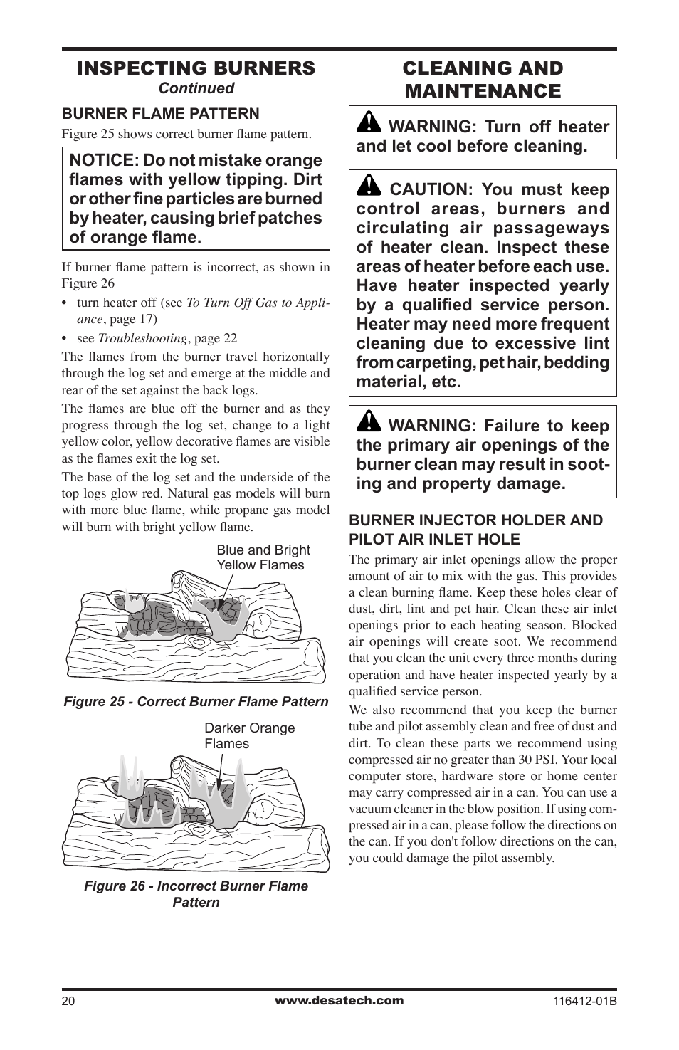 Cleaning and maintenance, Inspecting burners | Desa VFRMV18PB User Manual | Page 20 / 32