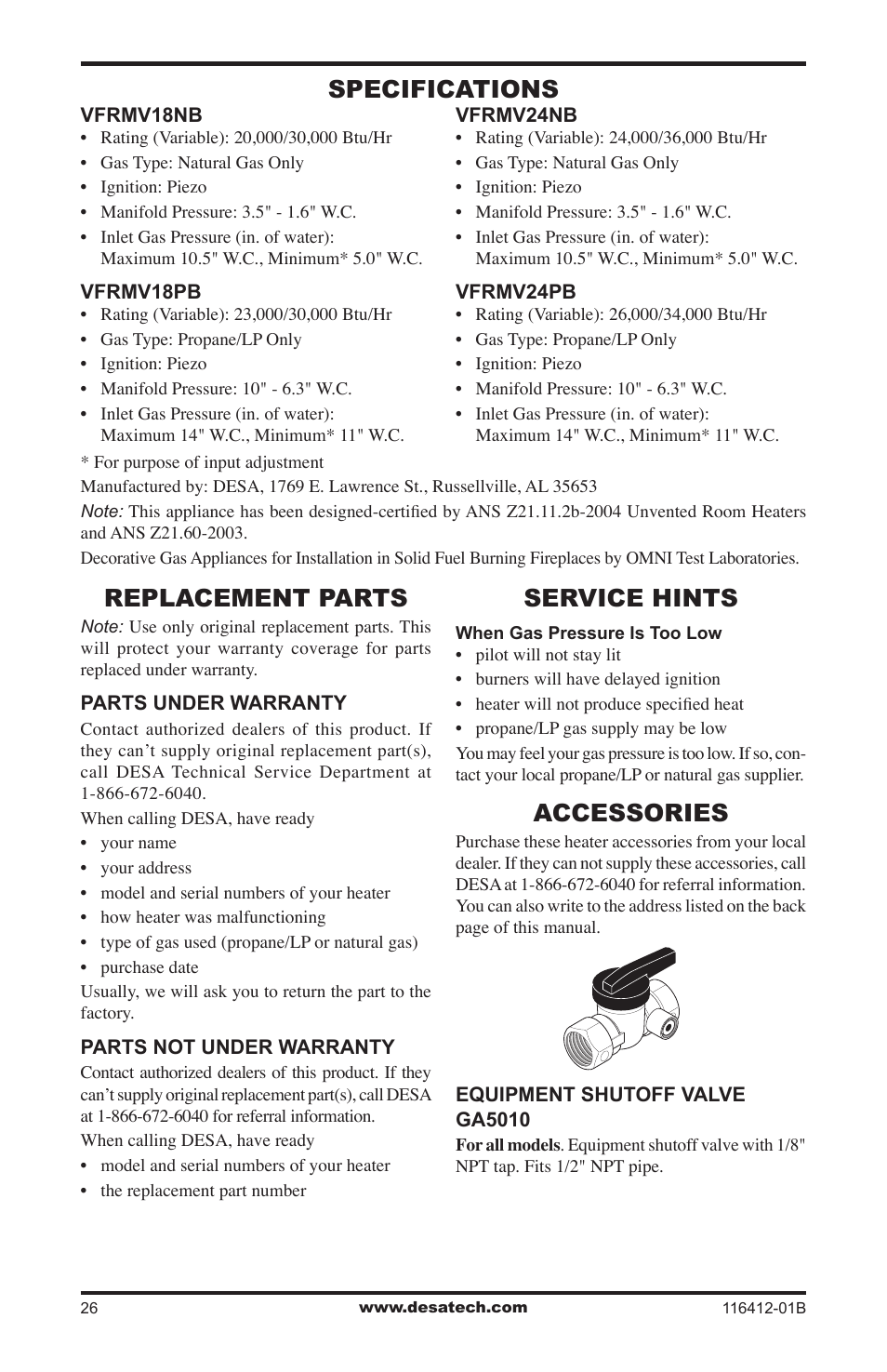 Specifications, Replacement parts, Service hints | Technical service, Accessories, Specifications replacement parts | Desa VFRMV18PB User Manual | Page 26 / 32