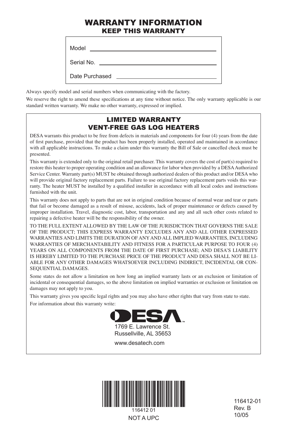 Warranty information, Keep this warranty, Limited warranty vent-free gas log heaters | Desa VFRMV18PB User Manual | Page 32 / 32