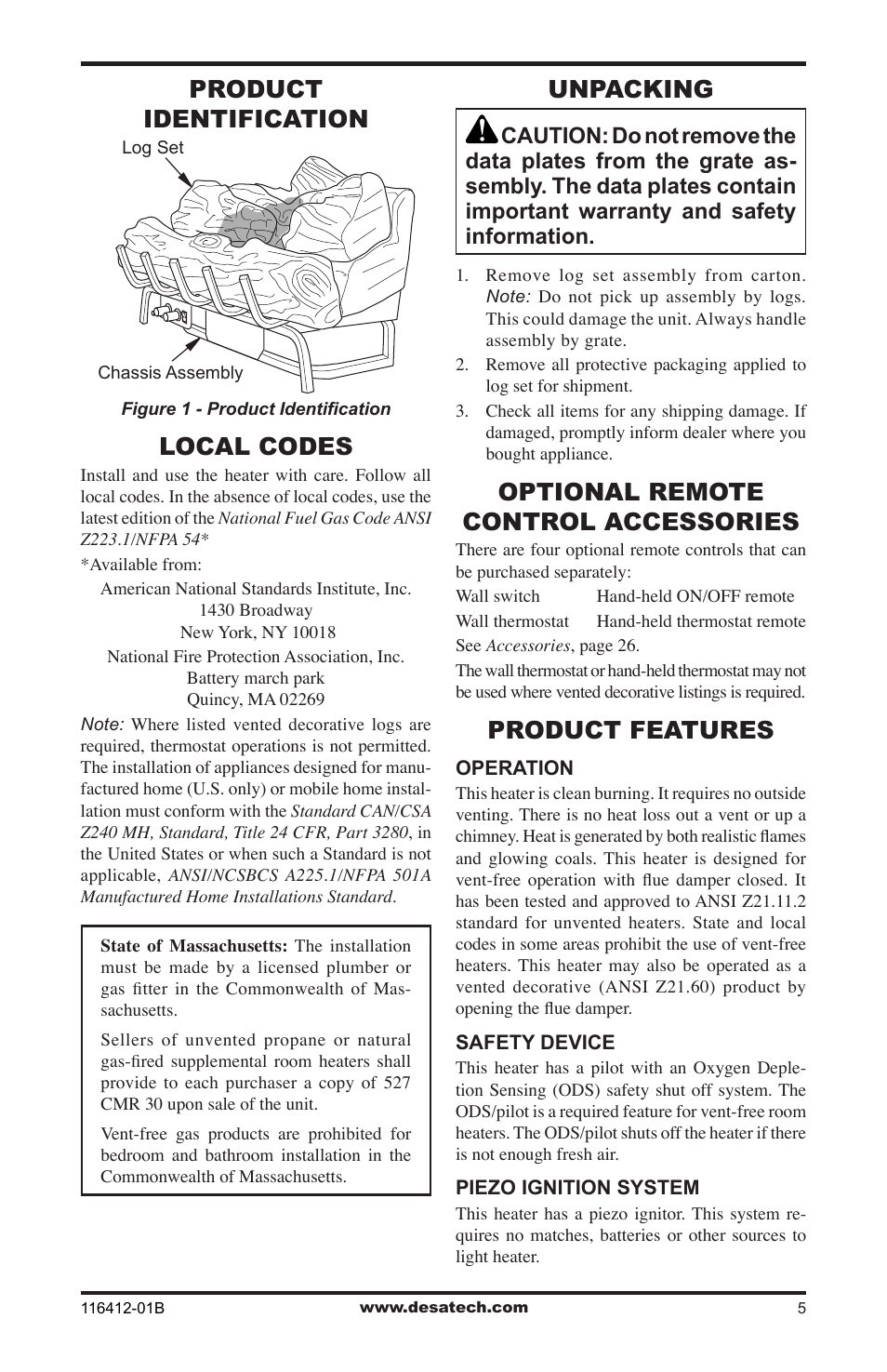 Product identification, Local codes, Unpacking | Optional remote control accessories, Product features | Desa VFRMV18PB User Manual | Page 5 / 32