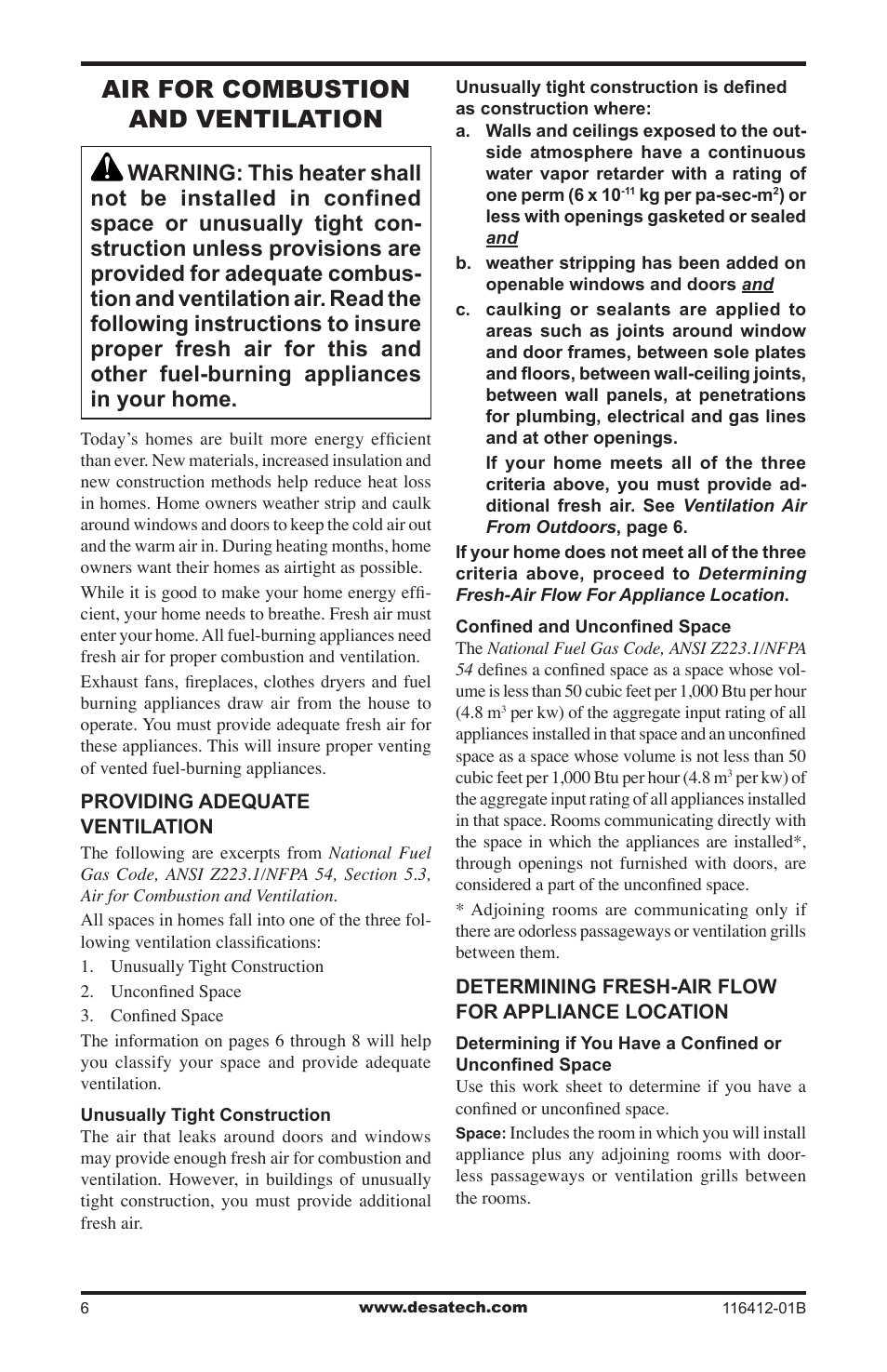 Air for combustion and ventilation | Desa VFRMV18PB User Manual | Page 6 / 32