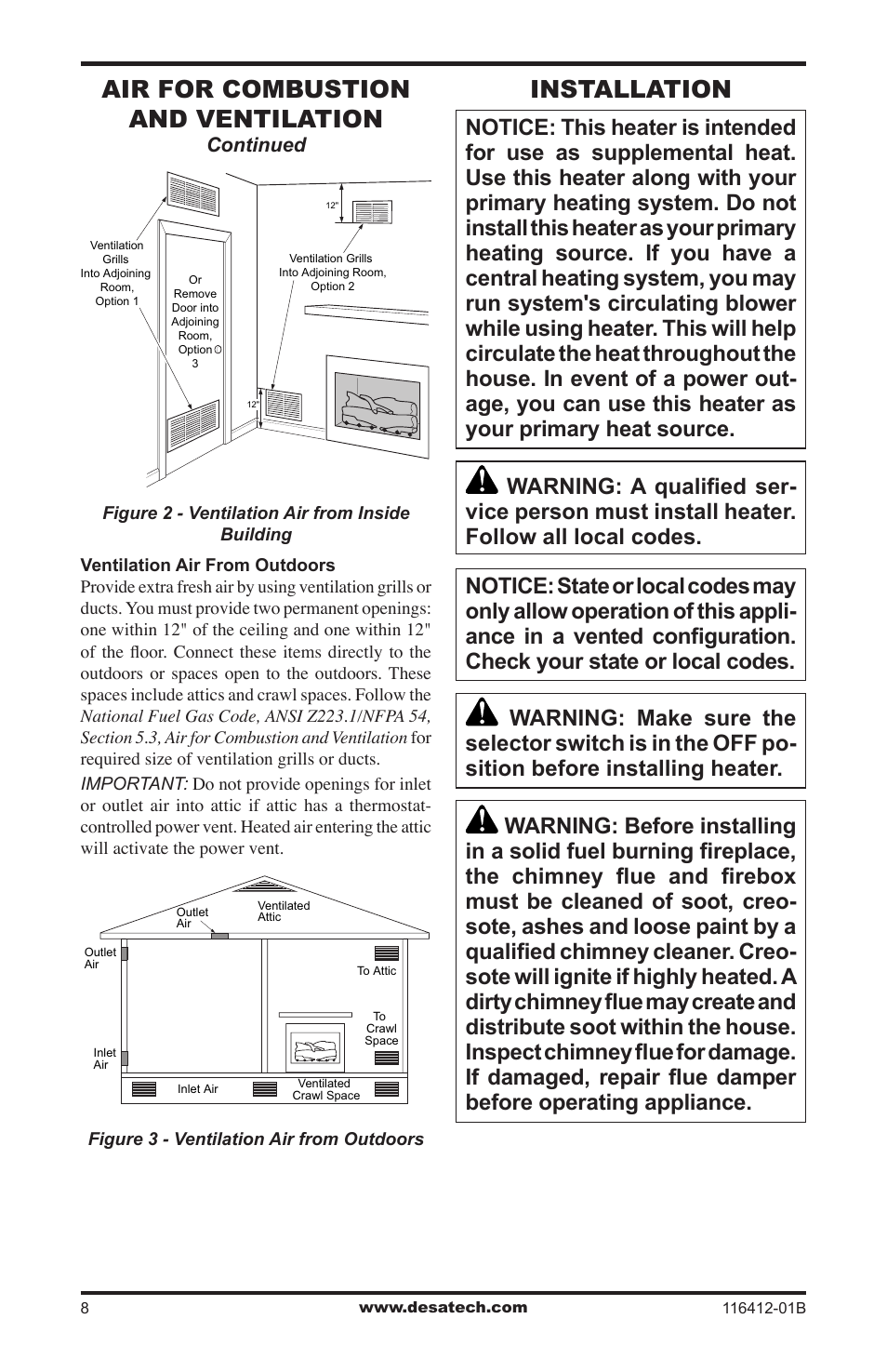 Installation, Air for combustion and ventilation | Desa VFRMV18PB User Manual | Page 8 / 32