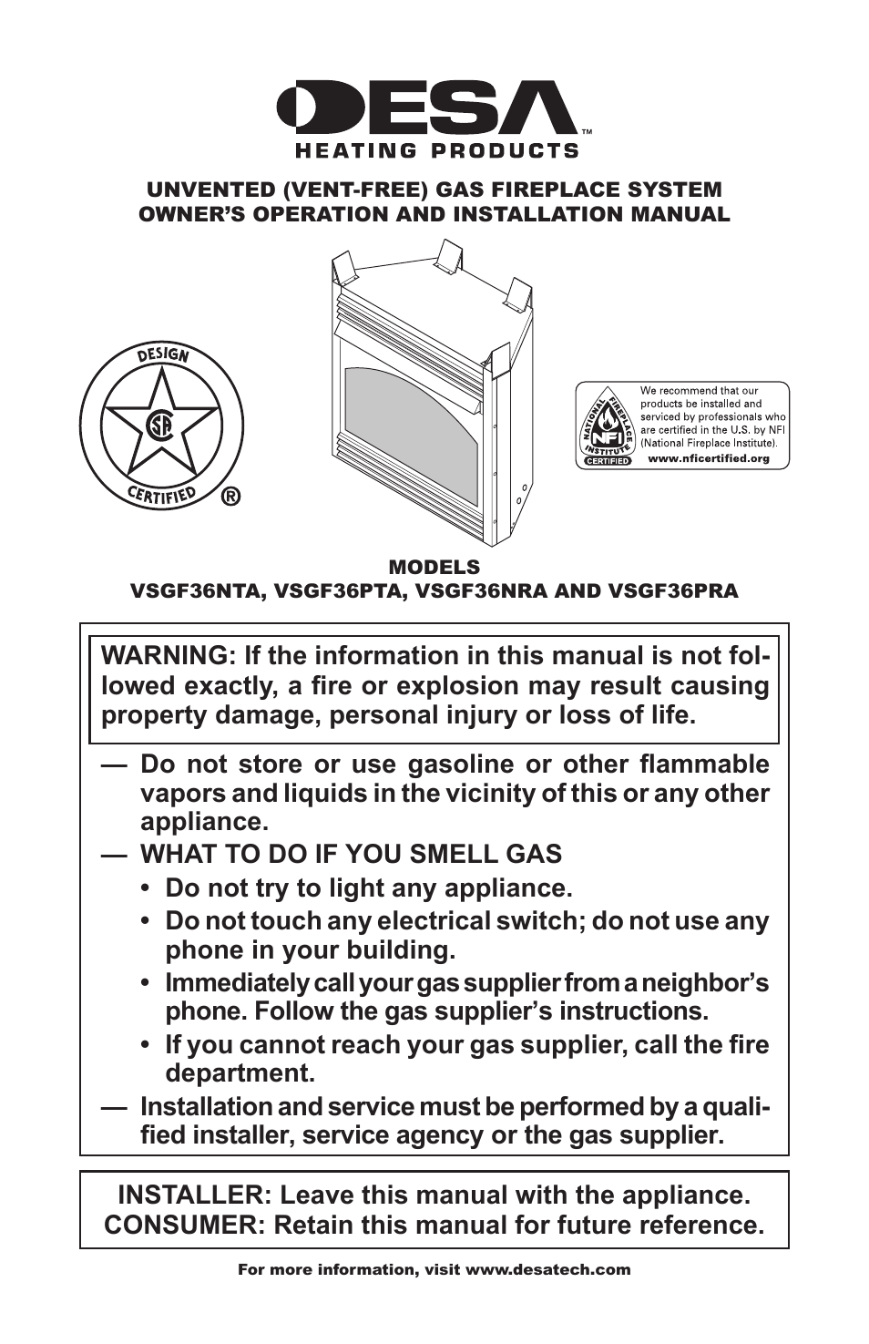 Desa VSGF36NRA User Manual | 40 pages
