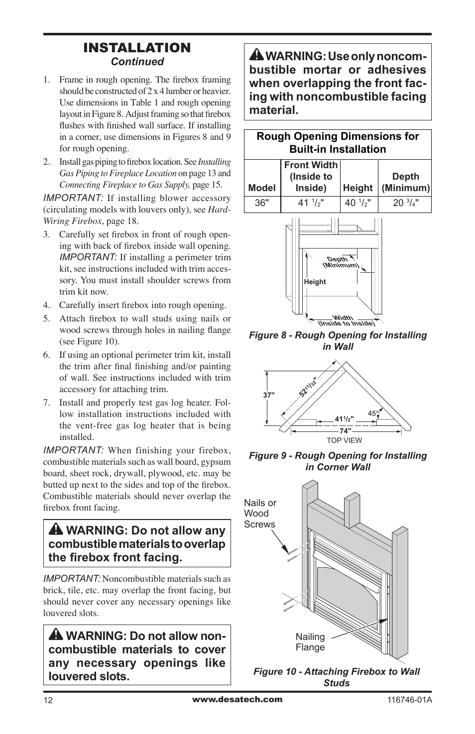 Installation | Desa VSGF36NRA User Manual | Page 12 / 40