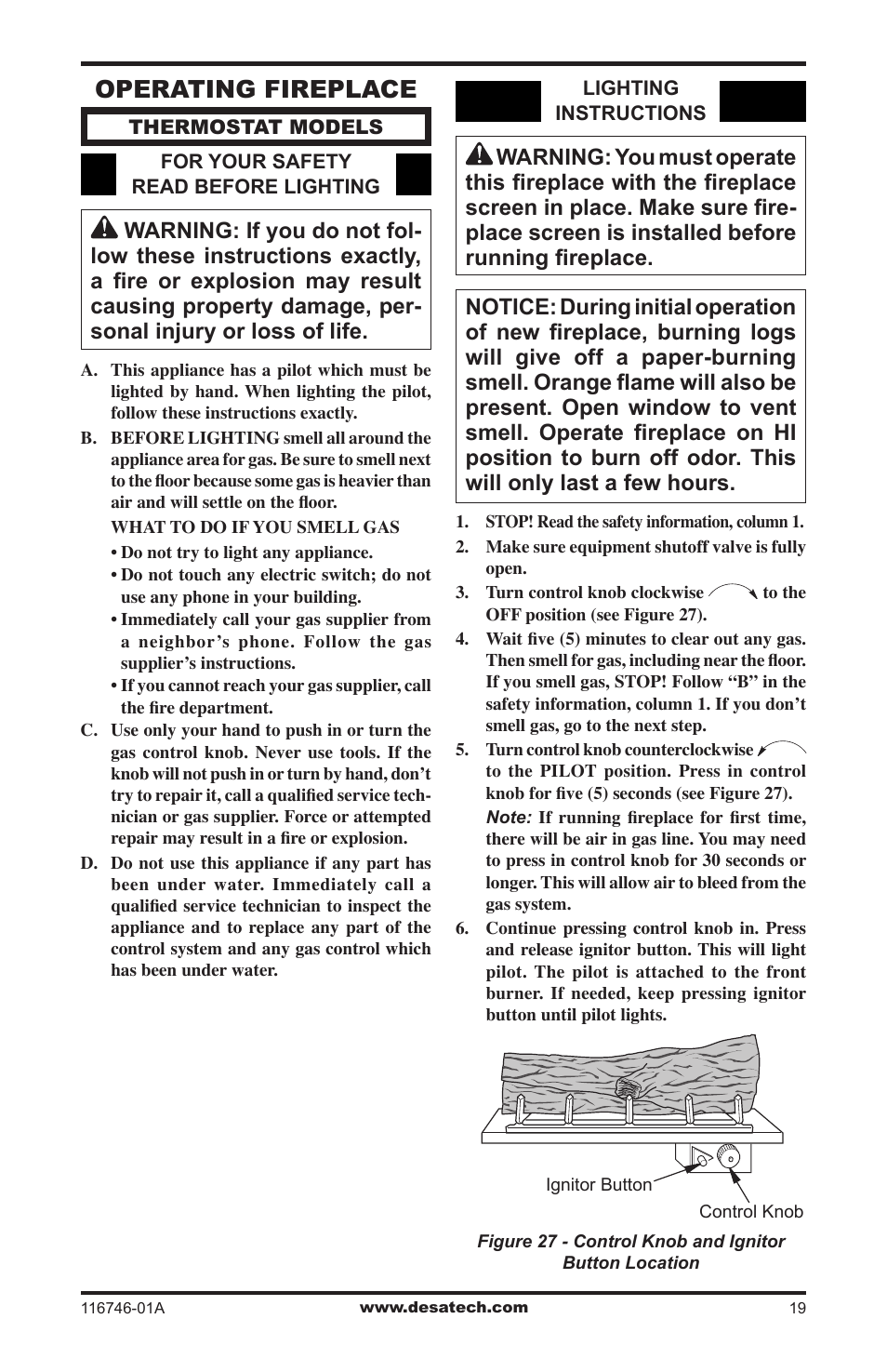 Operating fireplace | Desa VSGF36NRA User Manual | Page 19 / 40