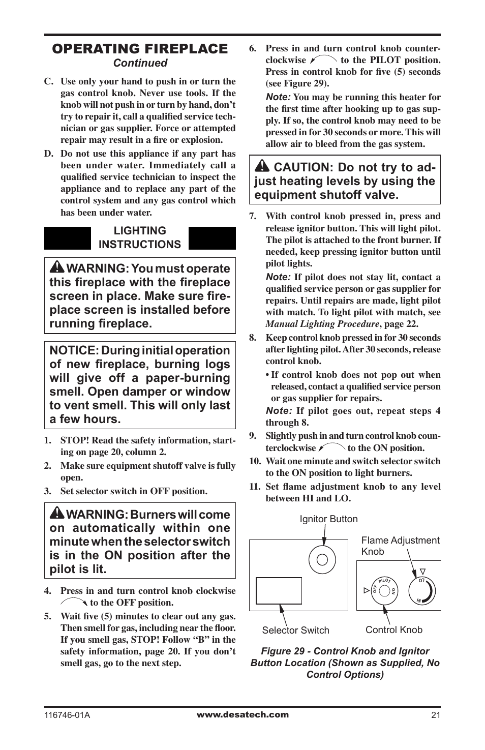 Operating fireplace | Desa VSGF36NRA User Manual | Page 21 / 40