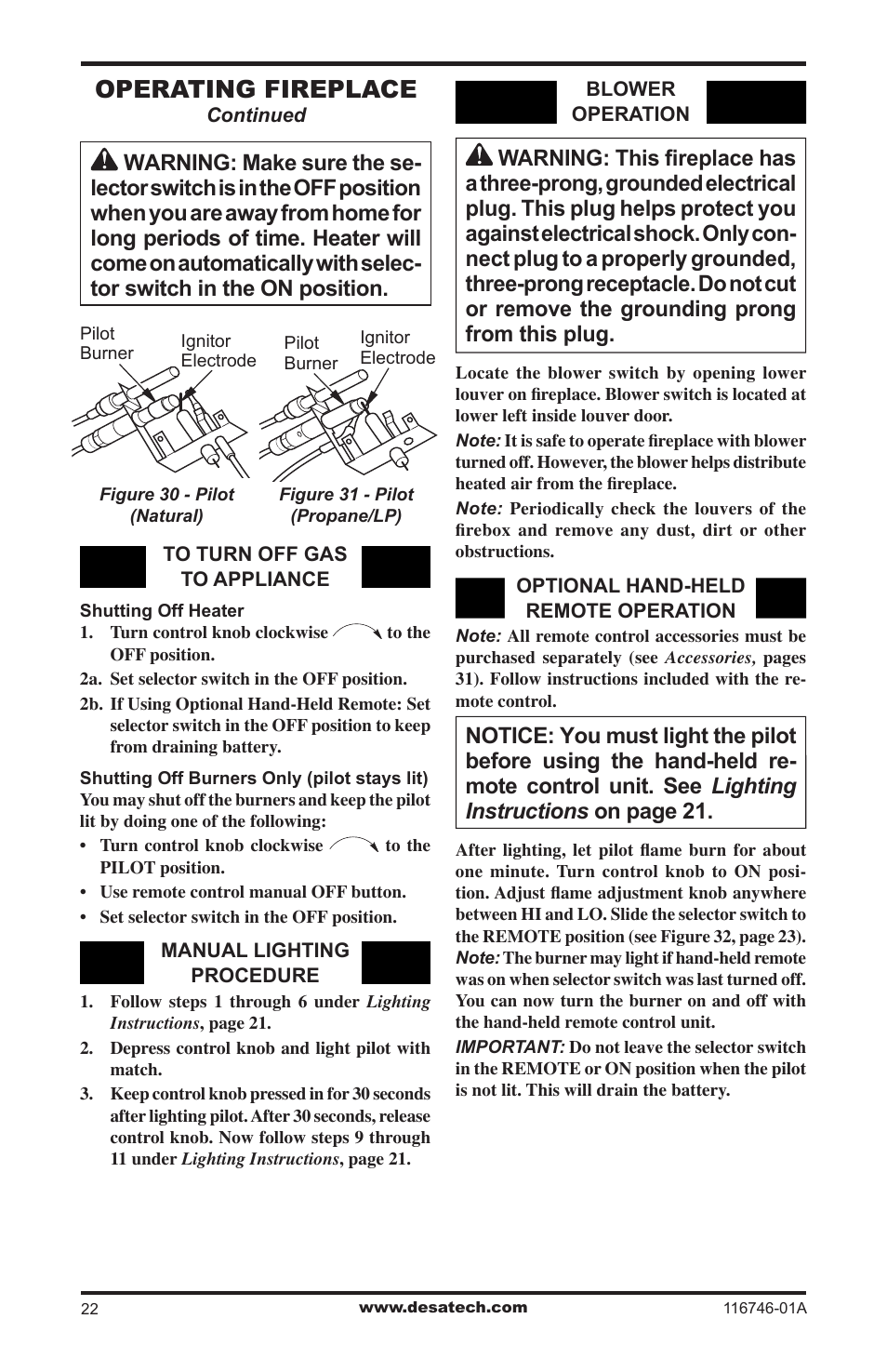 Operating fireplace | Desa VSGF36NRA User Manual | Page 22 / 40