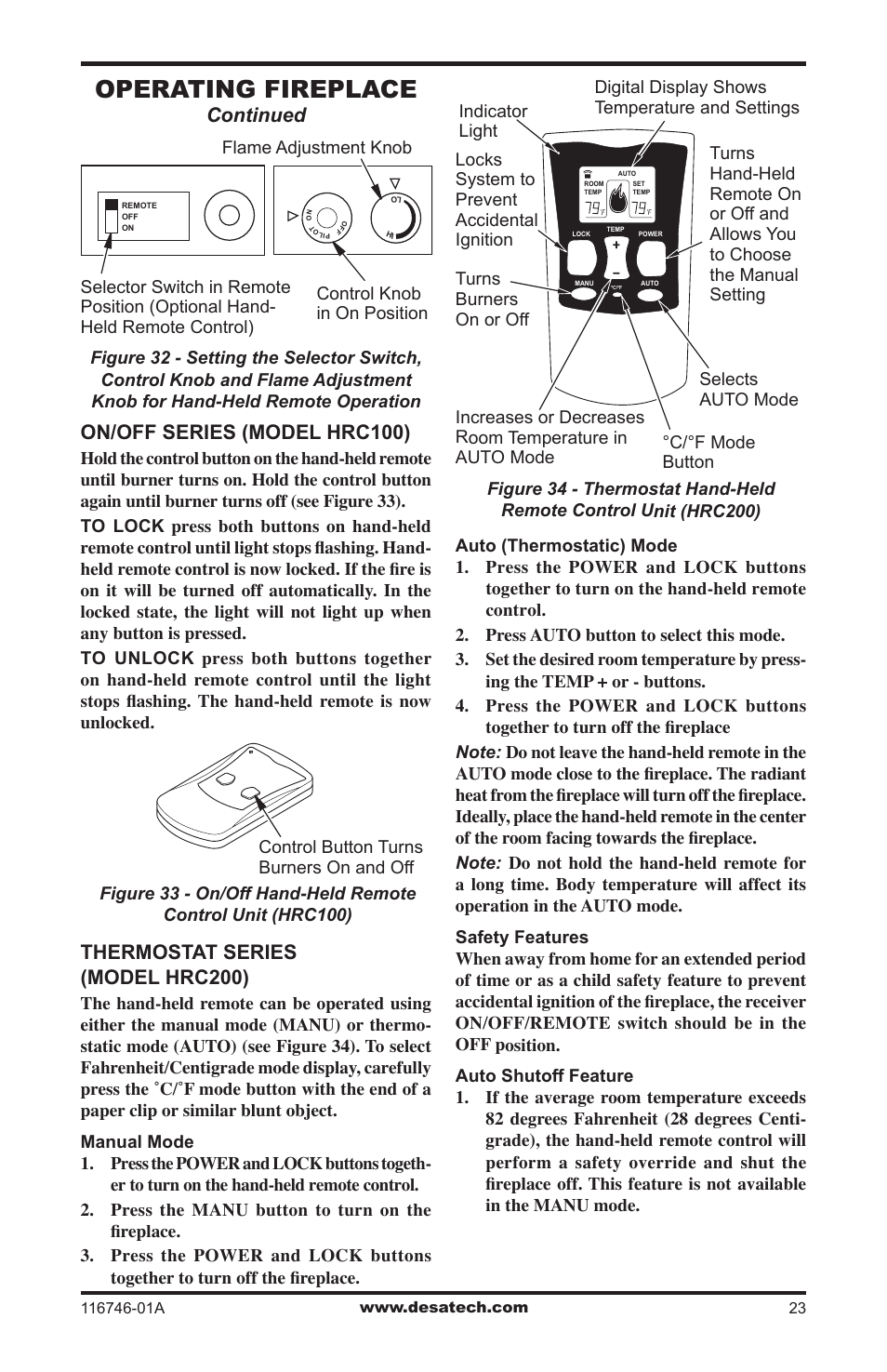 Operating fireplace, Continued, On/off series (model hrc100) | Thermostat series (model hrc200) | Desa VSGF36NRA User Manual | Page 23 / 40