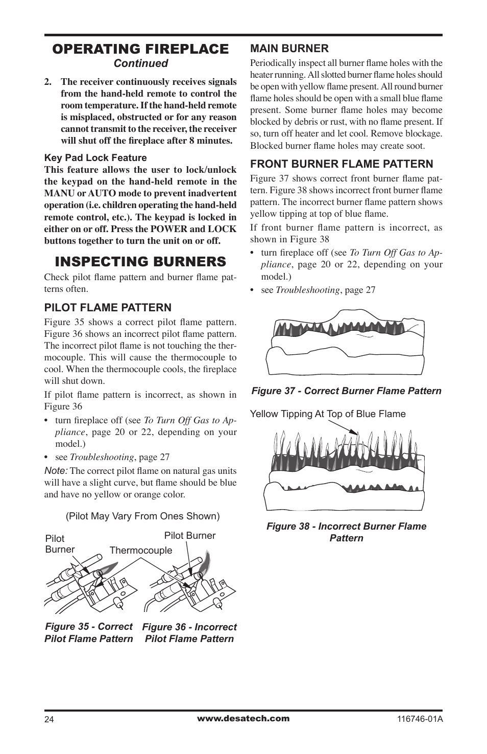 Inspecting burners, Operating fireplace | Desa VSGF36NRA User Manual | Page 24 / 40