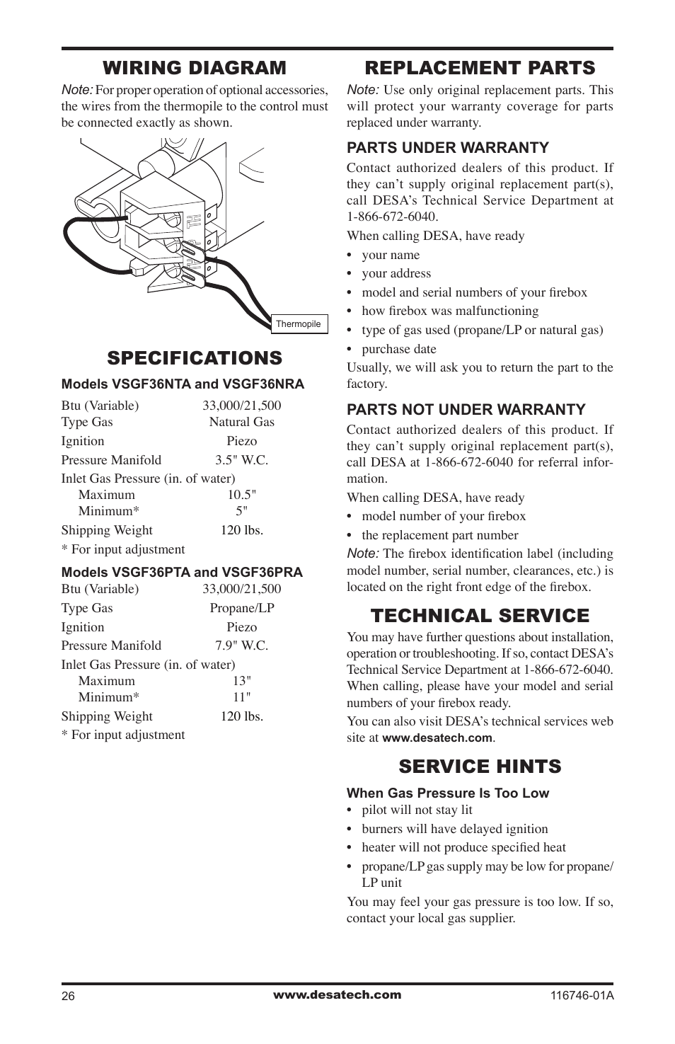 Wiring diagram, Specifications, Replacement parts | Technical service, Service hints | Desa VSGF36NRA User Manual | Page 26 / 40