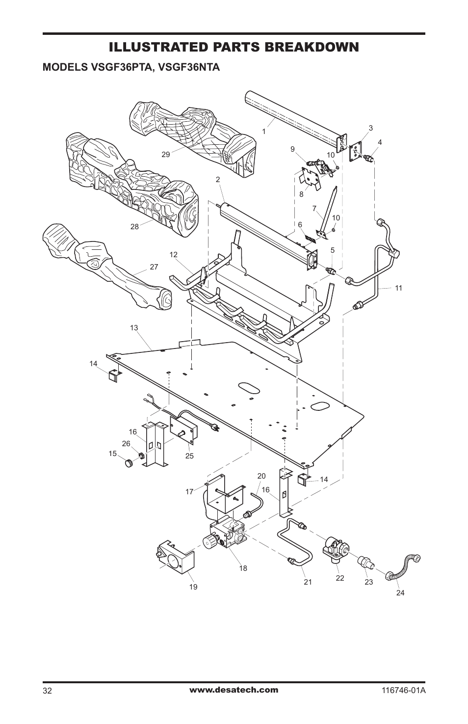 Illustrated parts breakdown and parts list, Illustrated parts breakdown, Models vsgf36pta, vsgf36nta | Desa VSGF36NRA User Manual | Page 32 / 40