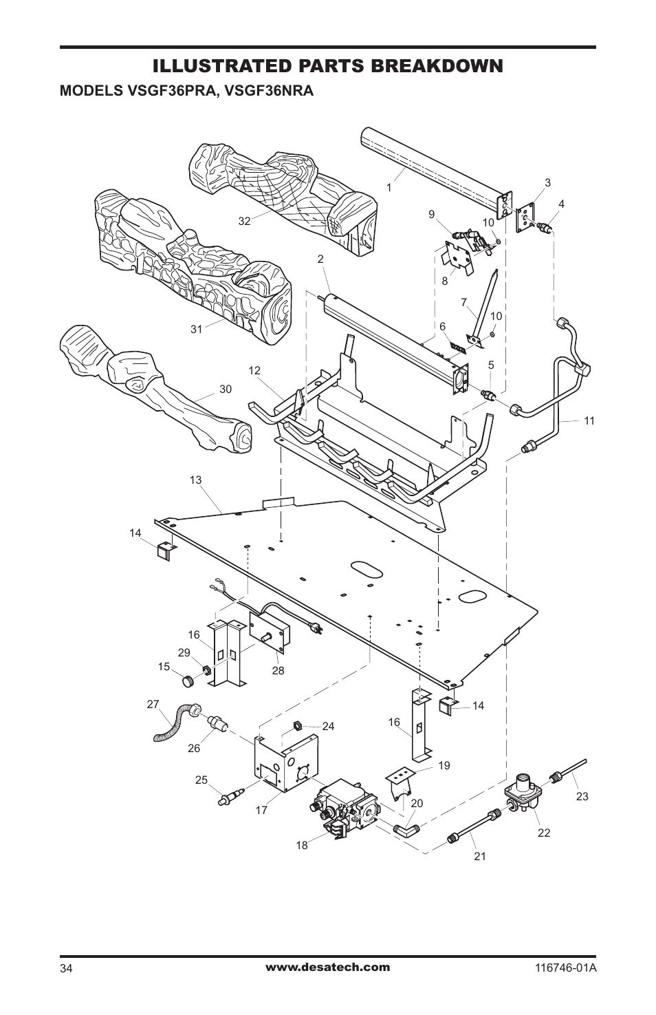 Illustrated parts breakdown, Models vsgf36pra, vsgf36nra | Desa VSGF36NRA User Manual | Page 34 / 40