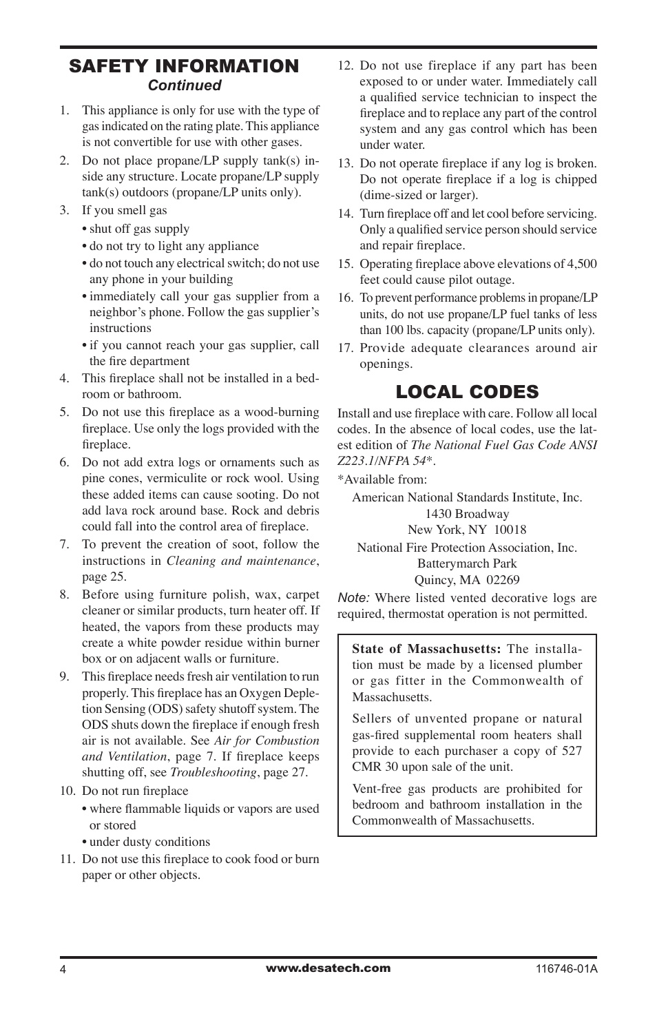 Local codes, Safety information | Desa VSGF36NRA User Manual | Page 4 / 40