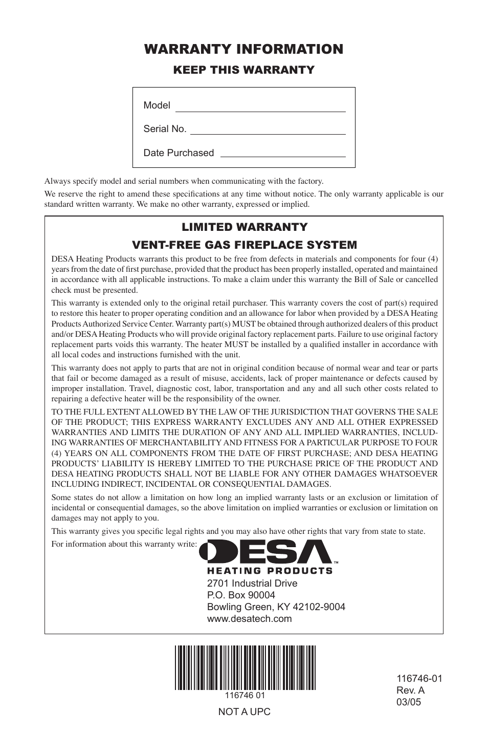 Warranty information, Limited warranty vent-free gas fireplace system, Keep this warranty | Desa VSGF36NRA User Manual | Page 40 / 40