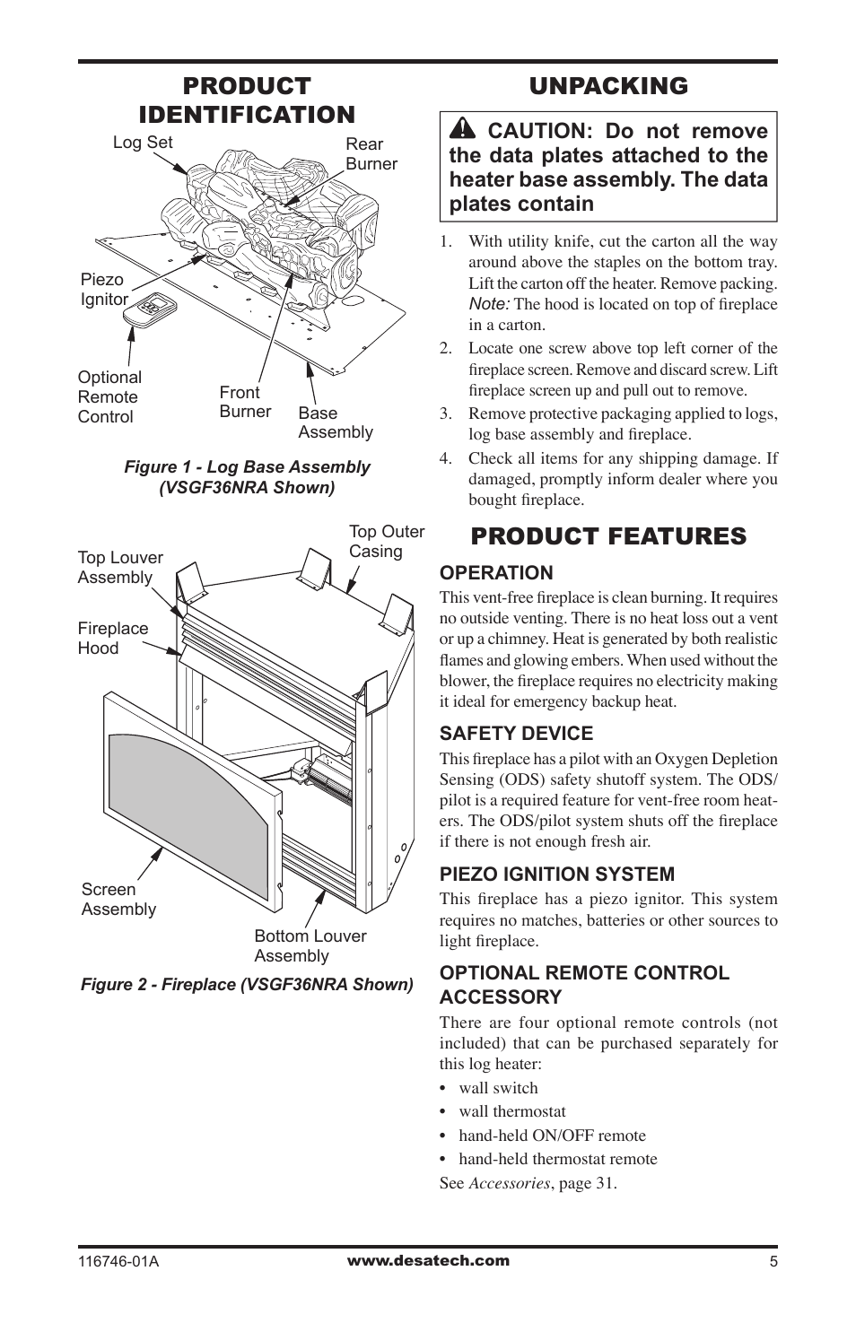Product identification, Unpacking, Product features | Desa VSGF36NRA User Manual | Page 5 / 40