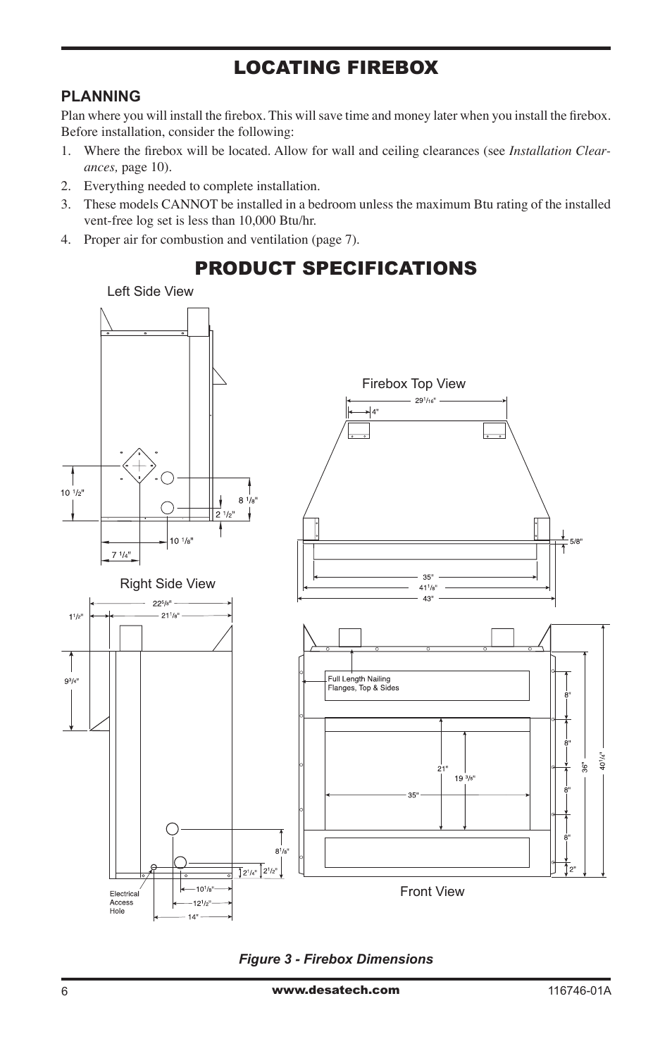 Locating firebox, Product specifications | Desa VSGF36NRA User Manual | Page 6 / 40